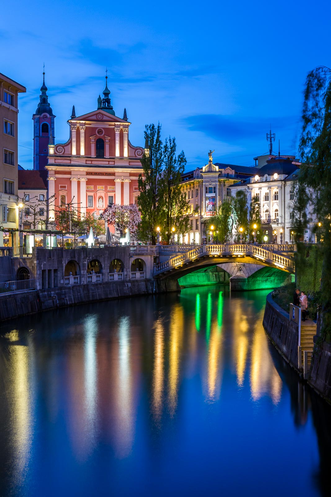 Ljubljana, Slovenia, blue hour, Ljubljanjca, river, architecture, church